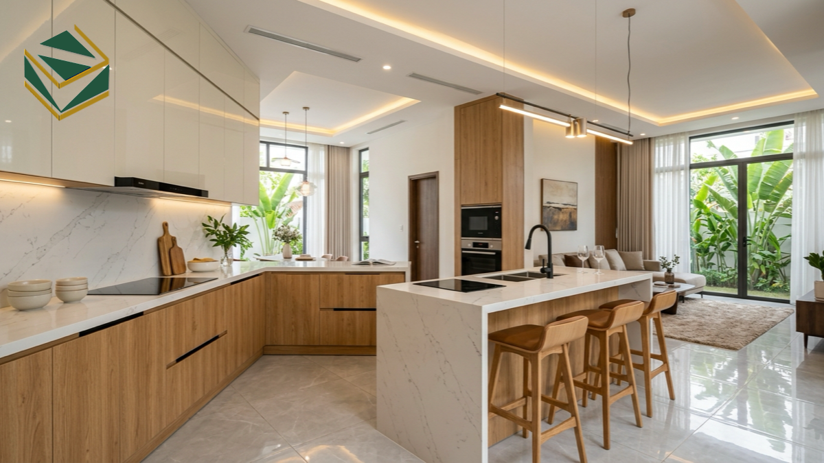 Chi tiết đường nét pano soi huỳnh và phụ kiện thông minh tủ bếp gỗ Căm Xe