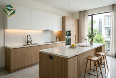 Mẫu tủ bếp gỗ laminate LM-1032 chữ L kết hợp bàn đảo vân gỗ hiện đại tại TPHCM