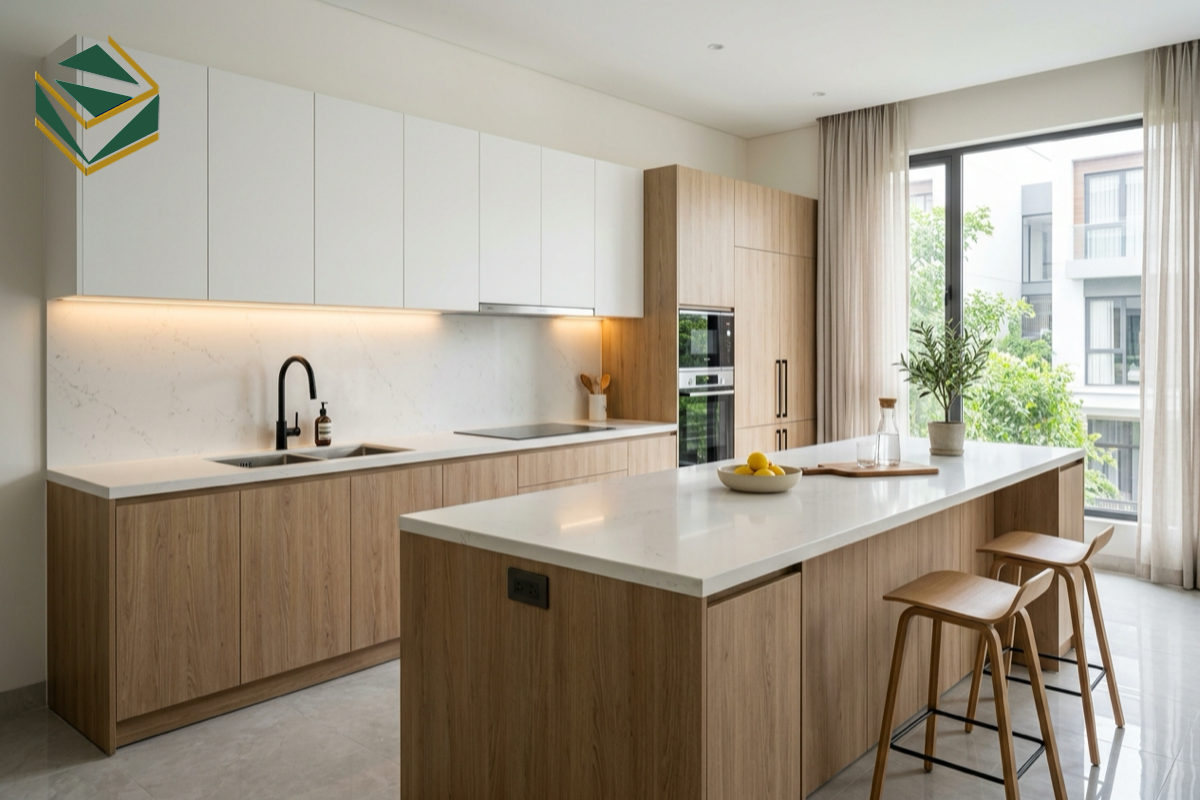 Mẫu tủ bếp gỗ laminate LM-1032 chữ L kết hợp bàn đảo vân gỗ hiện đại tại TPHCM