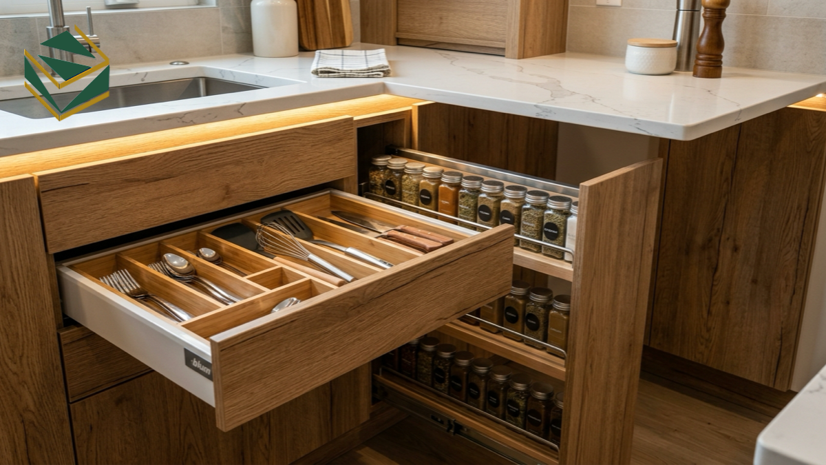 Chi tiết cánh tủ Laminate vân gỗ sắc nét và hệ ngăn kéo phụ kiện Blum giảm chấn LM-1032