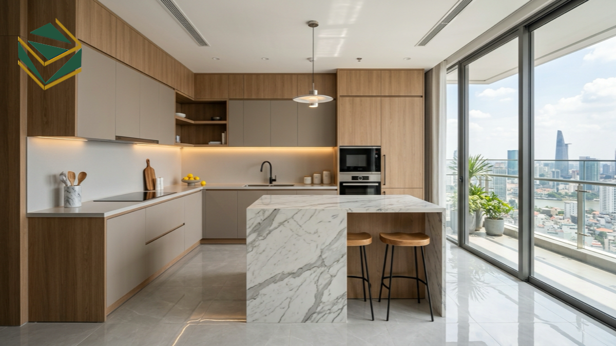 Không gian tủ bếp gỗ laminate LM-1032 chữ L kết hợp bàn đảo sang trọng tại TPHCM