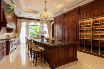 Tủ bếp gỗ dái ngựa mahogany cổ điển MH-4006 thi công giá xưởng tại TPHCM