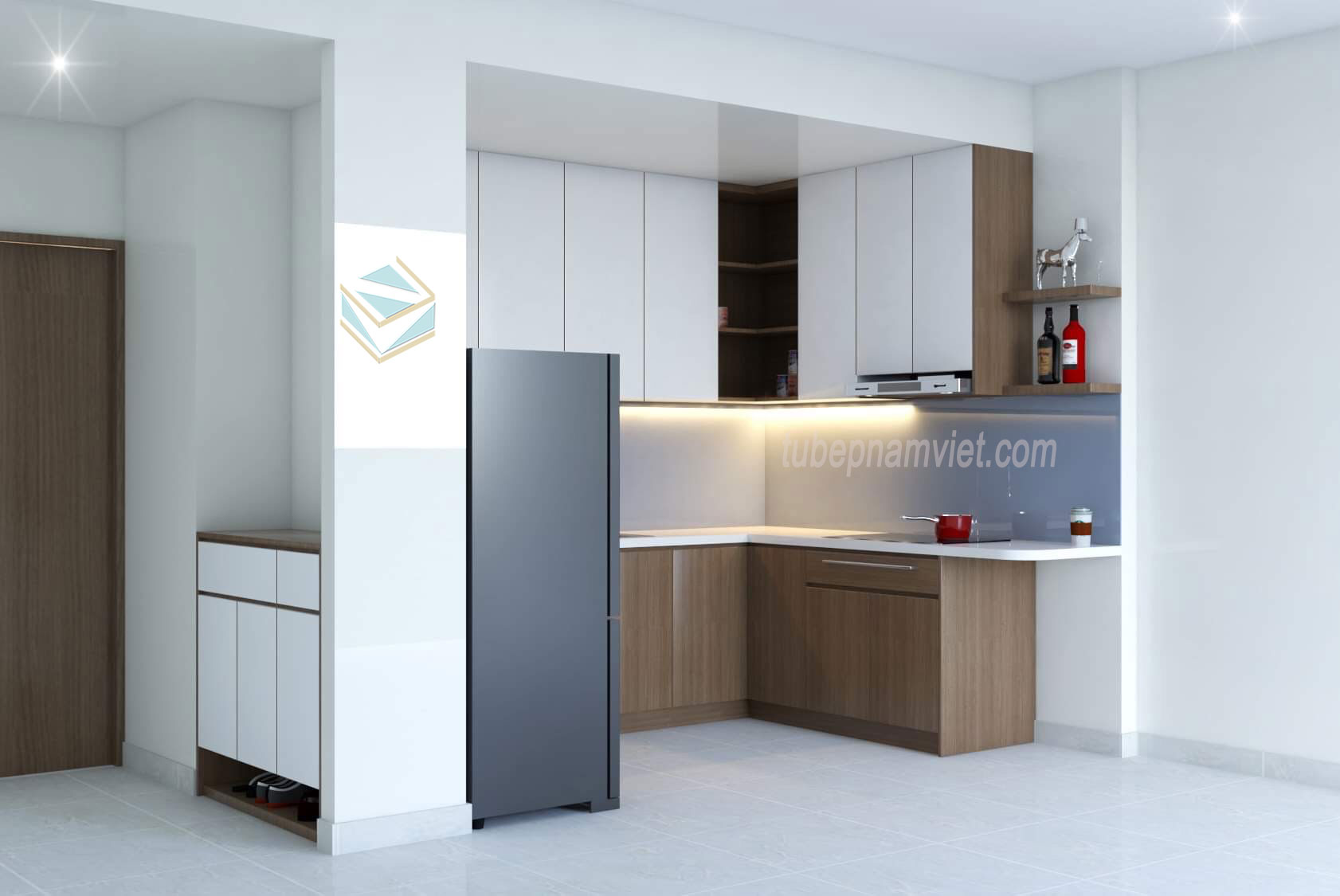 Mẫu tủ bếp gỗ công nghiệp căn hộ chung cư đơn giản dễ ứng dụng