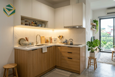 Mẫu tủ bếp MDF chữ L mini đẹp hiện đại cho căn hộ nhỏ tại TPHCM giá xưởng Nam Việt