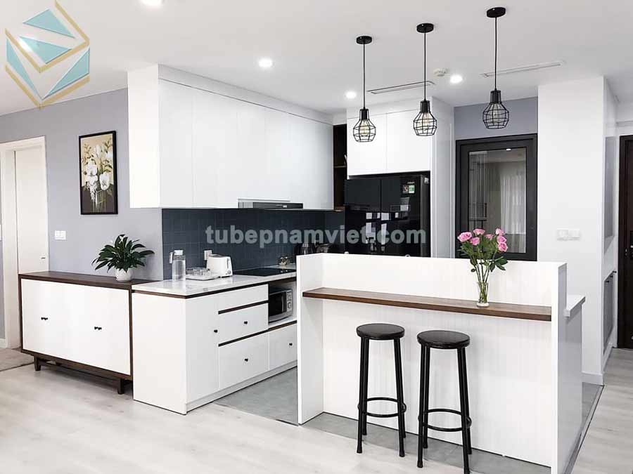 tủ bếp melamine an cường màu trắng có bàn đảo