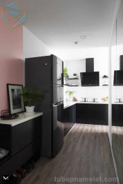 Thiết kế tủ bếp góc đẹp màu đen gỗ Melamine An Cường