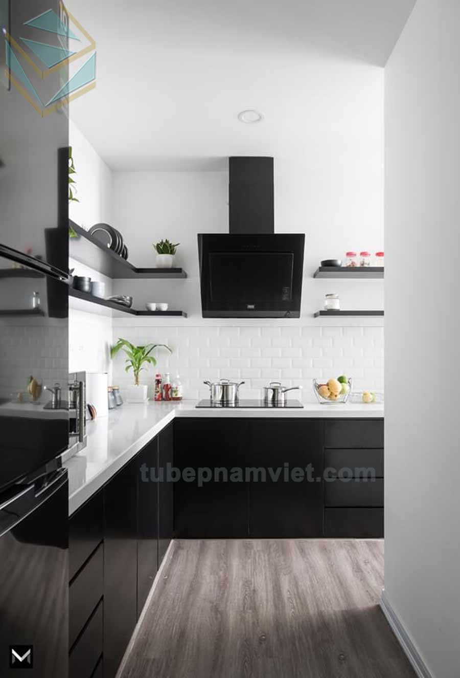 Thiết kế tủ bếp góc đẹp màu đen gỗ Melamine An Cường