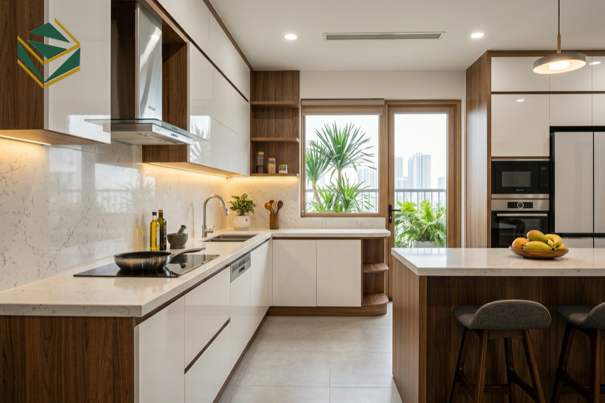Tủ bếp Acrylic An Cường không đường line đẹp hiện đại giá xưởng Tủ Bếp Nam Việt