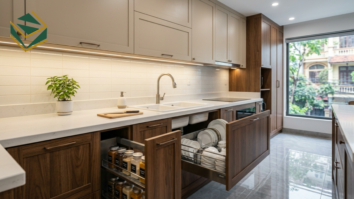 Mẫu tủ bếp Acrylic An Cường bóng gương chữ L cao cấp thi công thực tế tại TPHCM