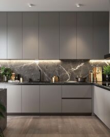 Tủ bếp đơn sắc với gam màu trung tính, phù hợp cho mọi phong cách nội thất hiện đại.