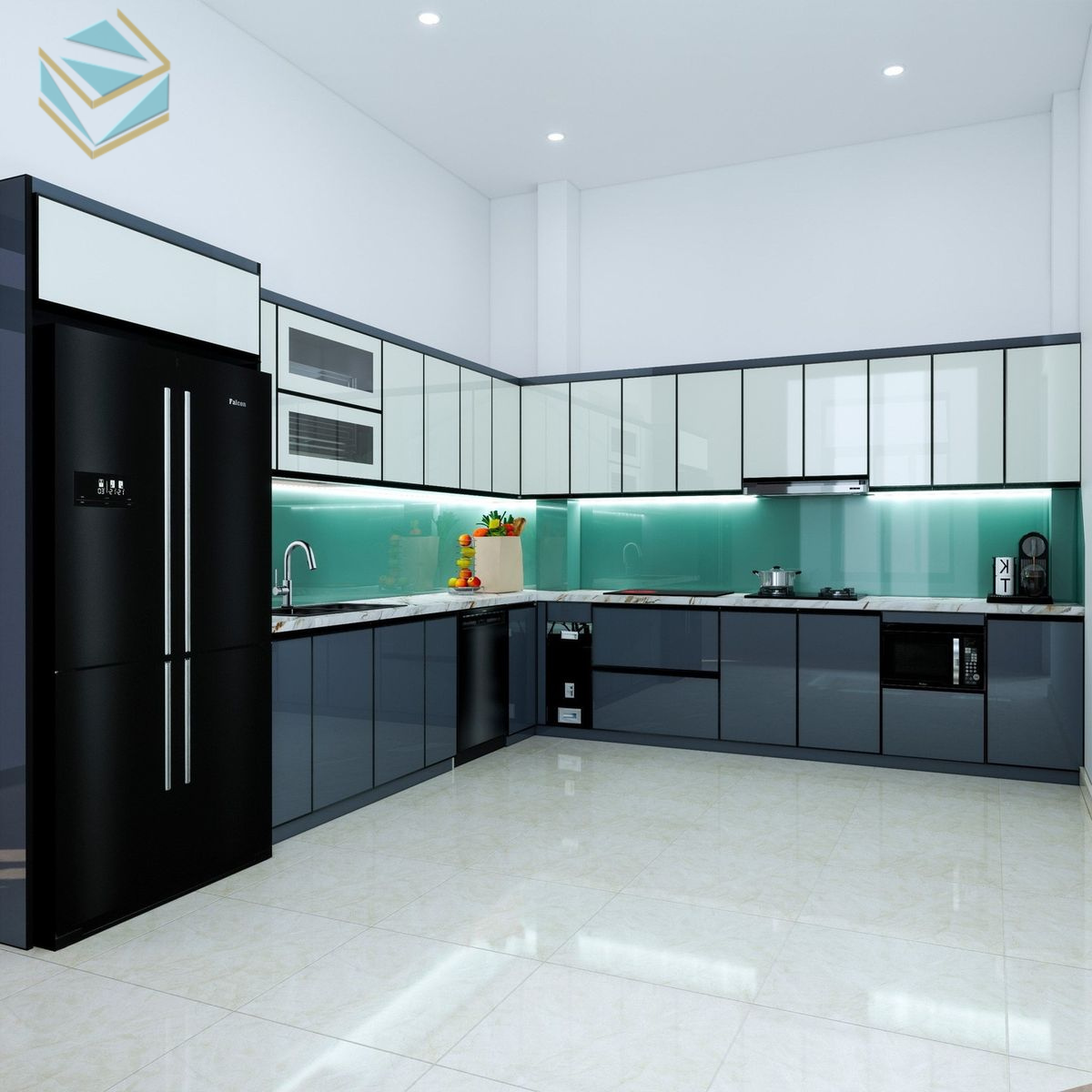 Thiết kế tủ bếp thông thoáng theo dạng mở, tối ưu diện tích và dễ dàng sắp xếp vật dụng.