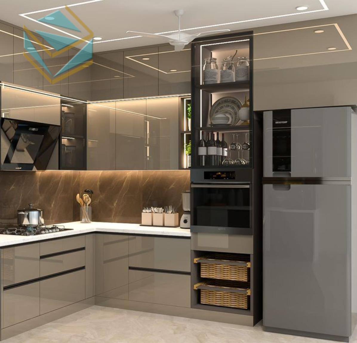 Tủ bếp hiện đại dùng cửa kính mờ, mang lại sự thông thoáng mà vẫn giữ nét tinh tế.