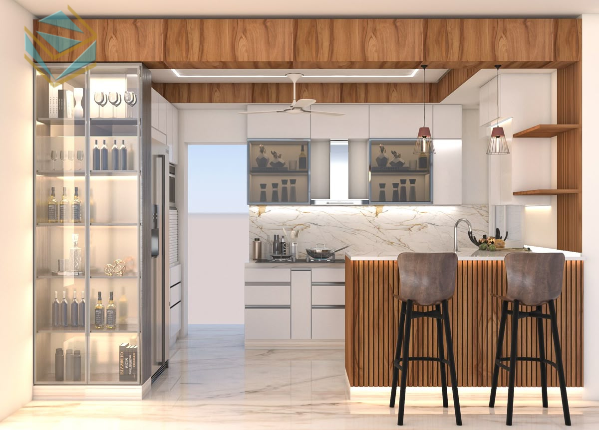 Thiết kế kết hợp đảo bếp và quầy bar mang đến sự mới mẻ, hiện đại cho không gian.