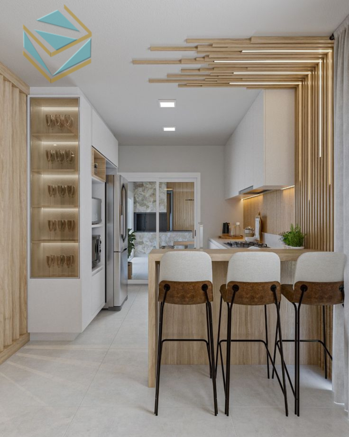 Tủ bếp phong cách bar phù hợp với gia chủ trẻ trung, yêu thích trải nghiệm mới mẻ.