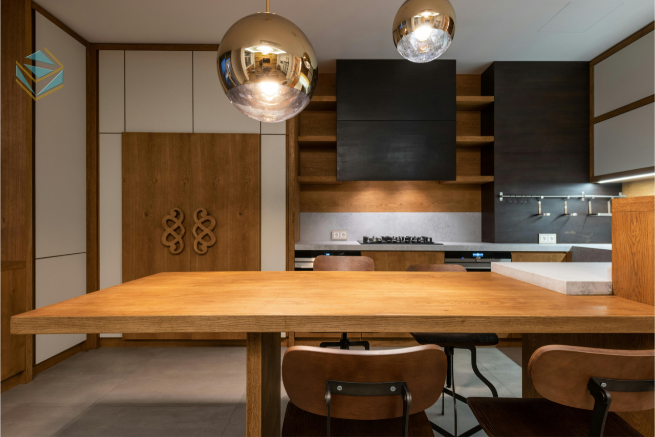 Giải pháp nội thất hiện đại phải đi kèm máy hút mùi để không gian bếp thông thoáng, sạch sẽ.