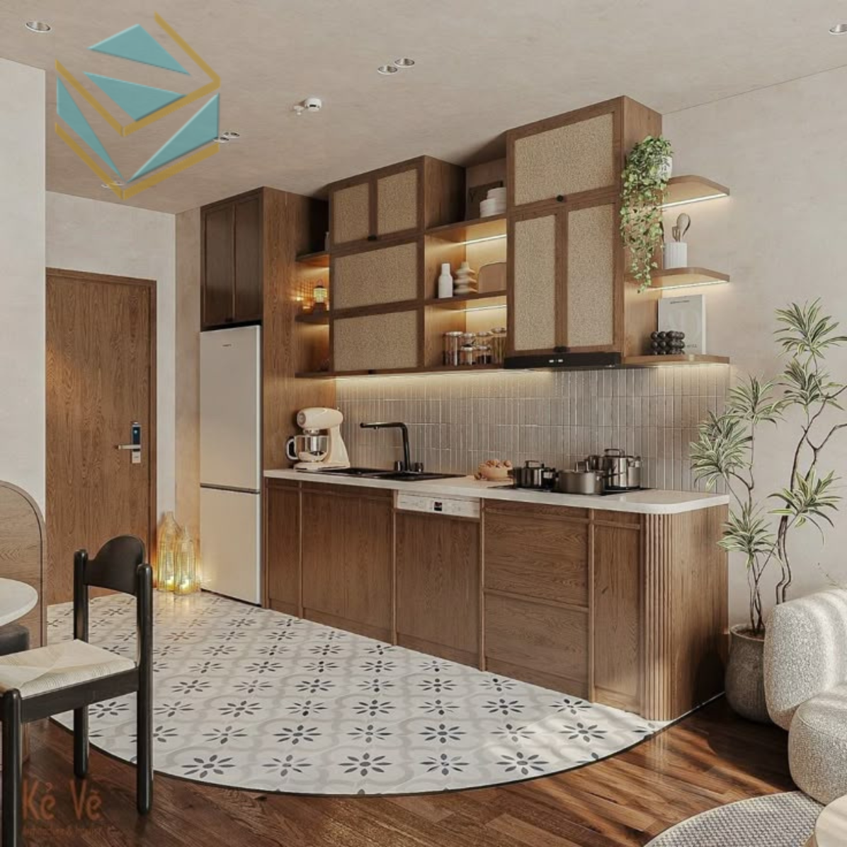 Tủ bếp vintage được làm từ gỗ tự nhiên, kết hợp tay nắm đồng tinh xảo, tạo nên sự sang trọng và ấm cúng.