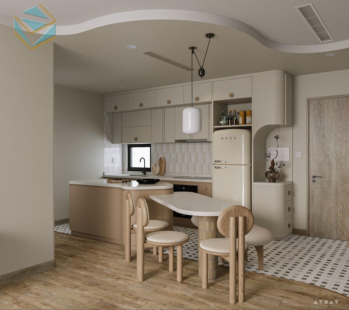 Phong cách retro giúp căn bếp trở thành điểm nhấn nổi bật, vừa tiện nghi vừa gợi nhớ nét đẹp xưa.