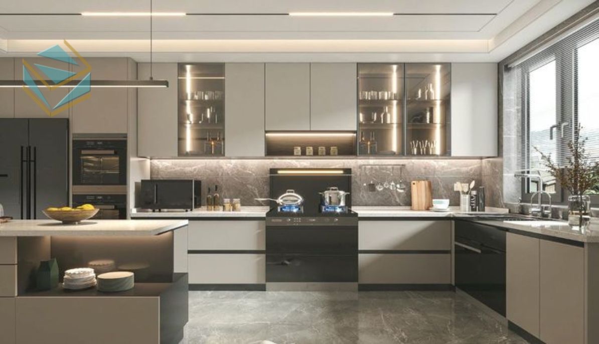 Tủ bếp công nghệ cao với hệ thống đóng mở cảm ứng, đèn LED thông minh.