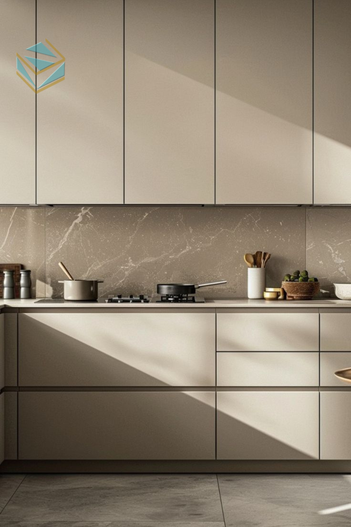 Tủ bếp gọn nhẹ với gam màu trung tính, đem lại cảm giác thoáng đãng.