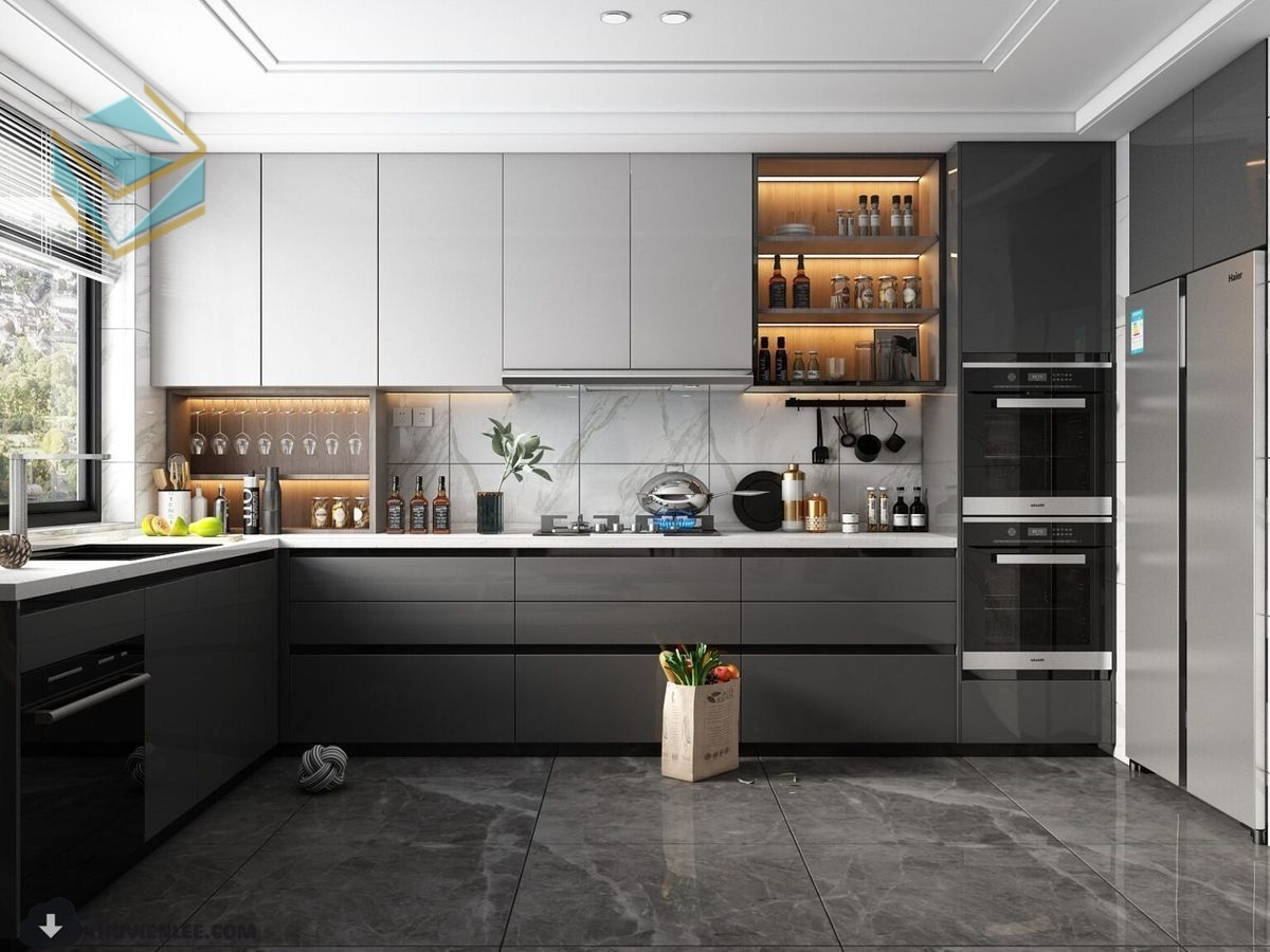 Tủ bếp êm ái được thiết kế theo xu hướng mới, giảm thiểu va đập và mang đến trải nghiệm yên tĩnh trong gian bếp.