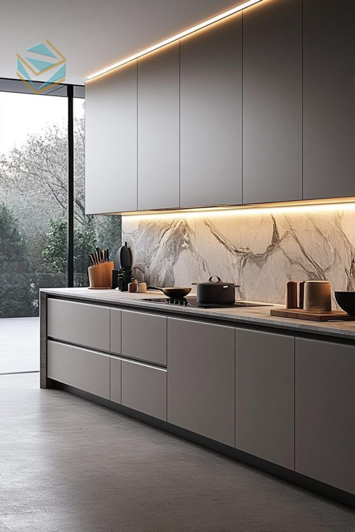 Hệ tủ bếp thiết kế theo chuẩn minimalism, hợp xu hướng hiện đại.