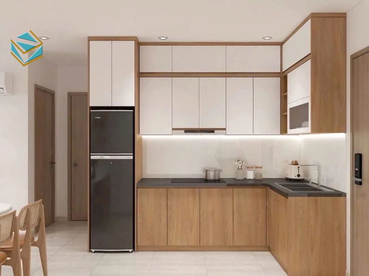 Mẫu tủ bếp Laminate chống trầy, thiết kế phẳng mịn, phù hợp phong cách minimalism.