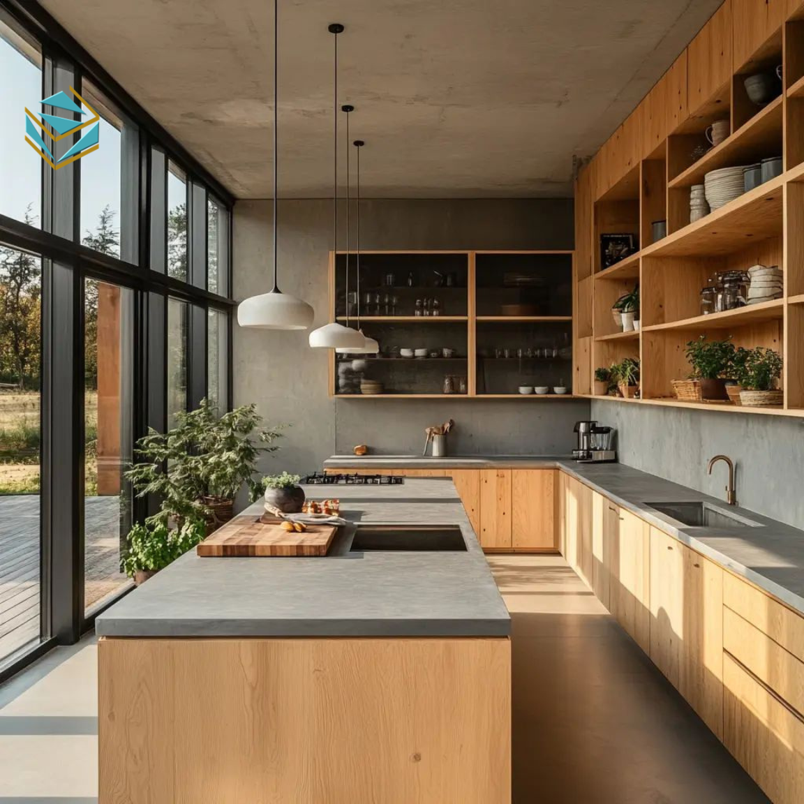 Tủ bếp mở được bố trí thông minh, tận dụng tối đa diện tích góc và kệ treo tường, mang lại sự gọn gàng và tiện nghi.