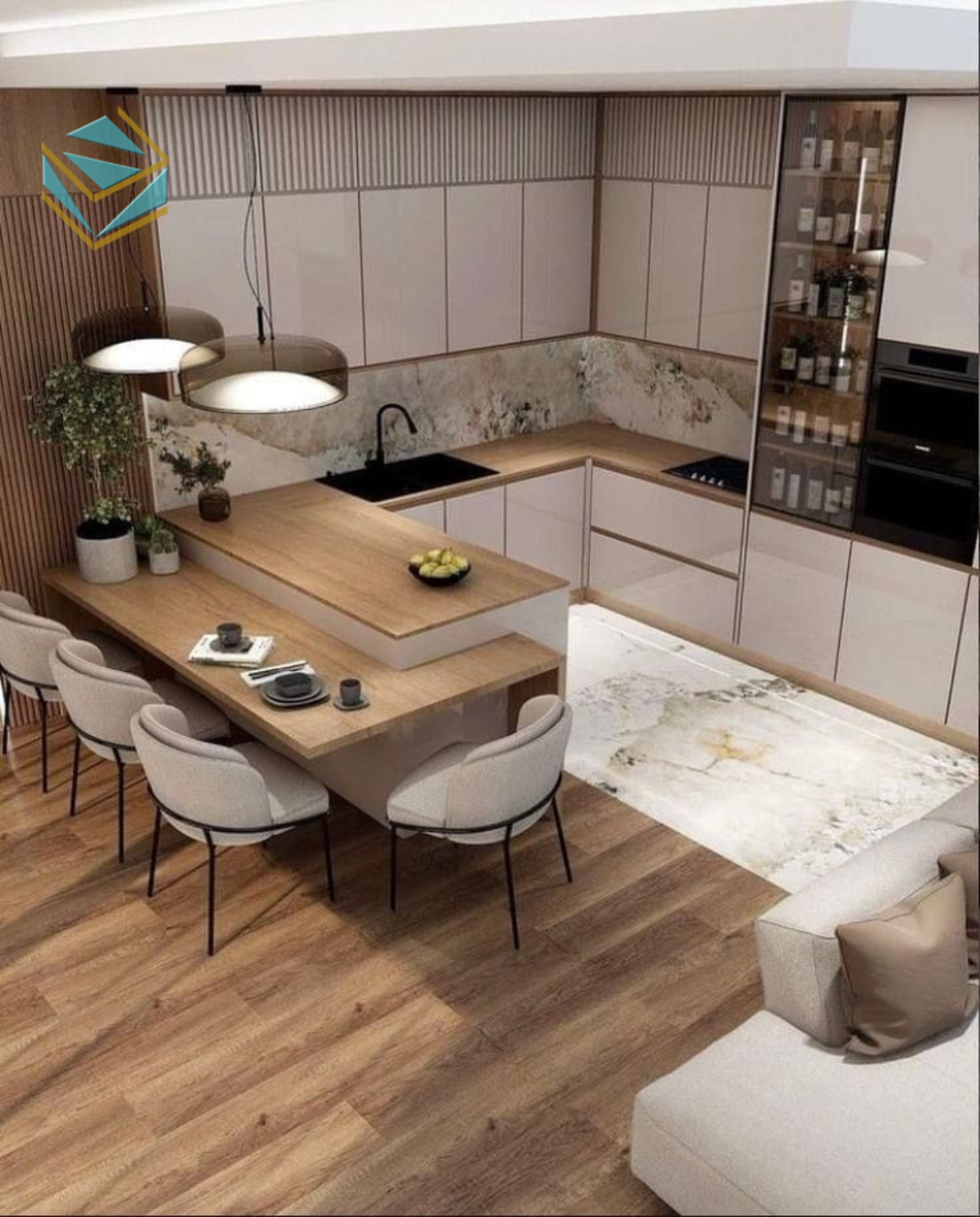 Kiểu dáng bếp chữ U tone sáng giúp căn bếp mở rộng không gian, dễ dàng phối hợp với nội thất hiện đại.