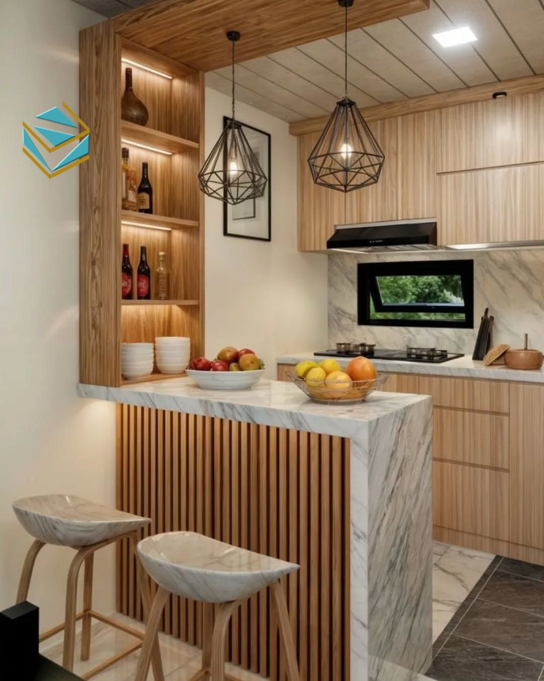 Tủ bếp kết hợp quầy bar mini mang đến sự tiện nghi, nơi cả gia đình cùng thư giãn và trò chuyện.