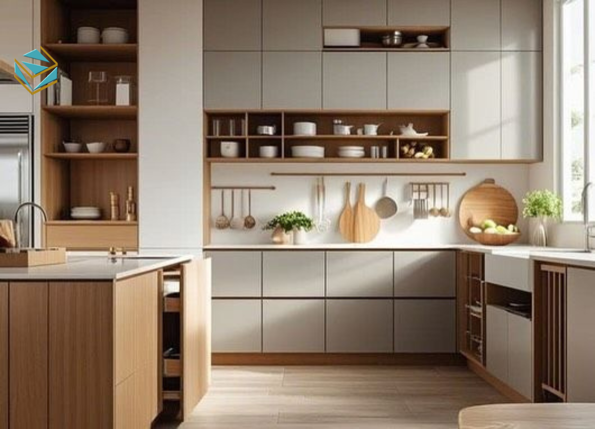 Tủ bếp gỗ công nghiệp phủ Melamine hoặc Laminate, màu sắc hiện đại, dễ vệ sinh và bền bỉ trong điều kiện khí hậu Việt Nam.