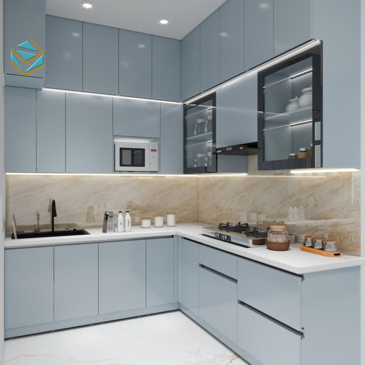 Mẫu tủ bếp Acrylic với bề mặt sáng bóng như gương, mang lại cảm giác rộng rãi, sang trọng và tinh tế cho căn bếp của gia đình bạn.