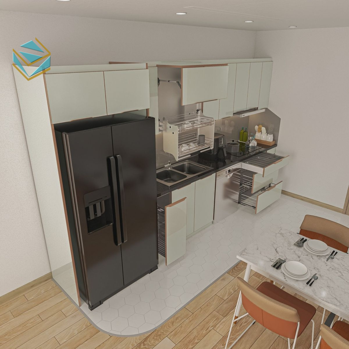 Mẫu tủ bếp chữ I thiết kế gọn gàng, thích hợp cho căn hộ chung cư.