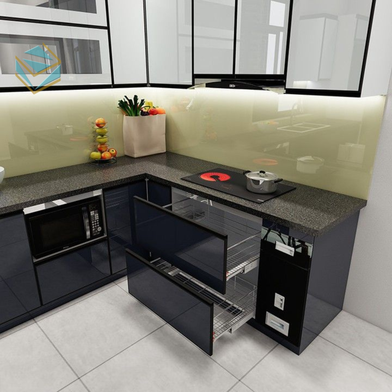 Mẫu tủ bếp chữ L tích hợp nhiều ngăn chứa, giúp sắp xếp vật dụng khoa học và tiện lợi.