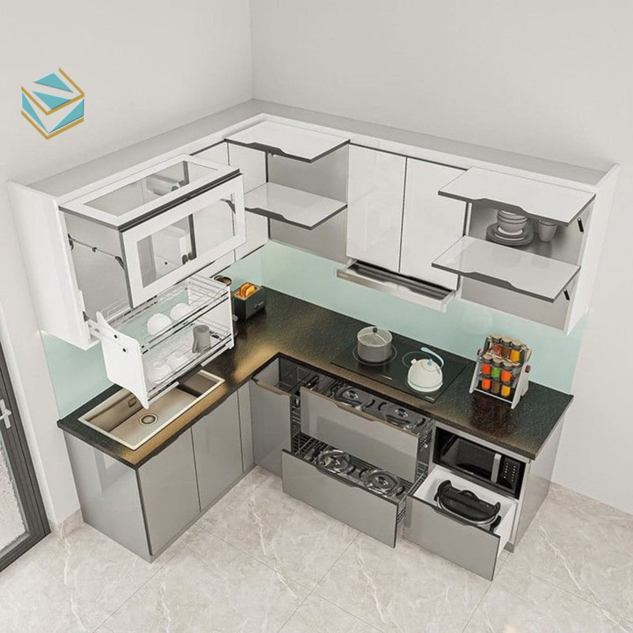 Tủ bếp chữ L thiết kế tối giản, phù hợp với lối sống tiện nghi trong căn hộ chung cư.