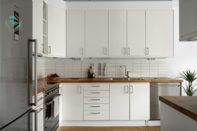 Tủ bếp chữ L kết hợp cửa kính, tạo cảm giác rộng rãi, thoáng sáng cho căn hộ.