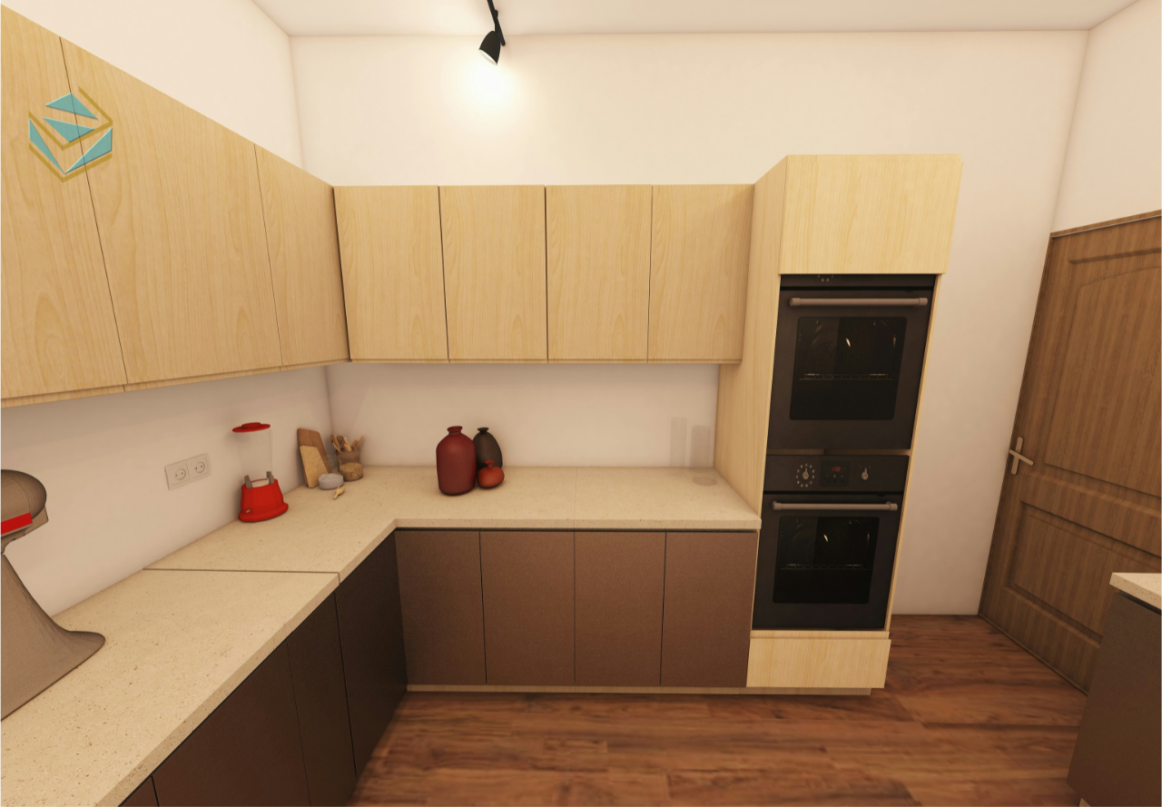 Thiết kế tủ bếp chữ L với nhiều ngăn kéo, giúp lưu trữ gọn gàng và dễ lấy đồ.