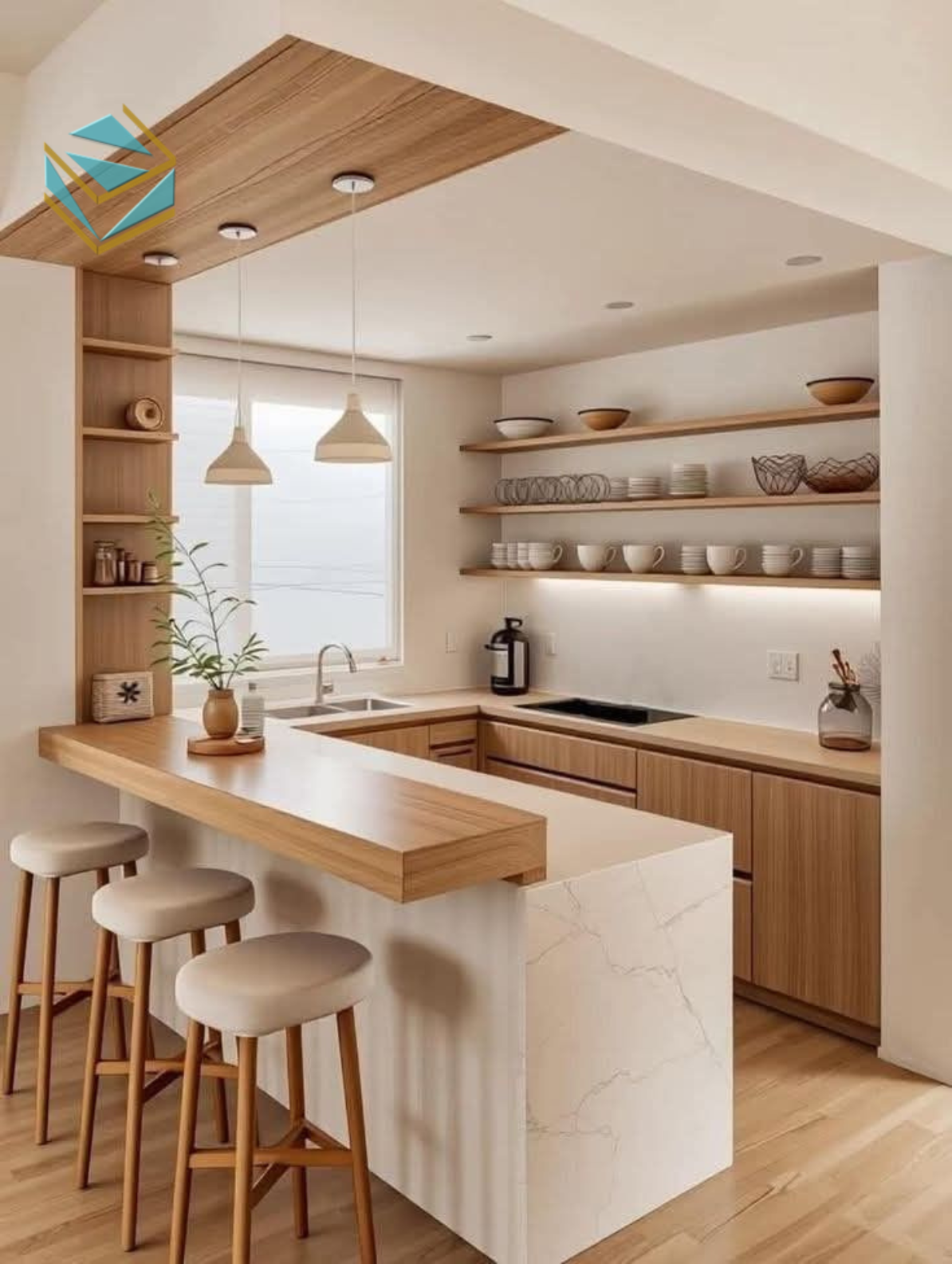 Thiết kế bếp chữ U mang lại sự tiện nghi, nhiều ngăn tủ phân chia khoa học, giúp căn bếp vừa sang trọng vừa gọn gàng.