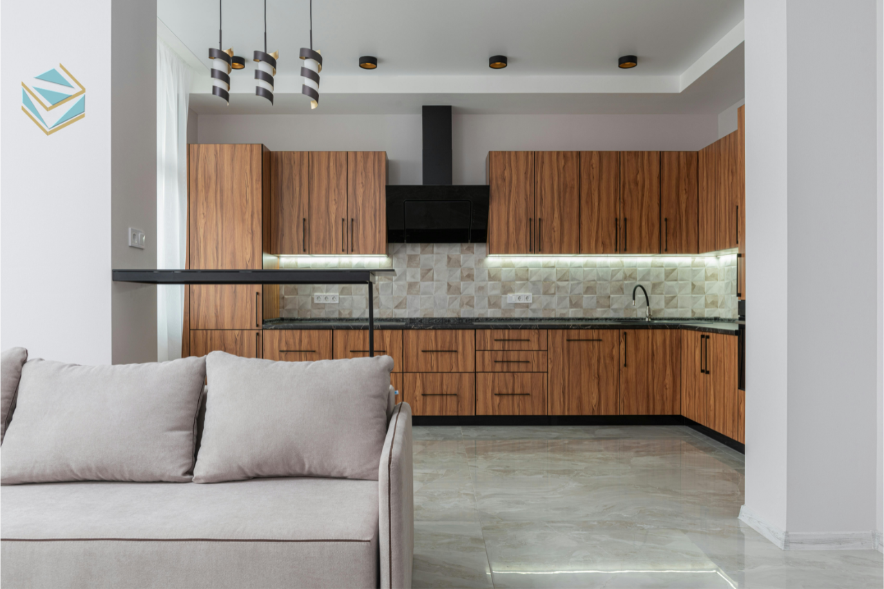 Mẫu tủ bếp gỗ tự nhiên được xử lý chống cong vênh, giữ nguyên màu sắc và độ bền.