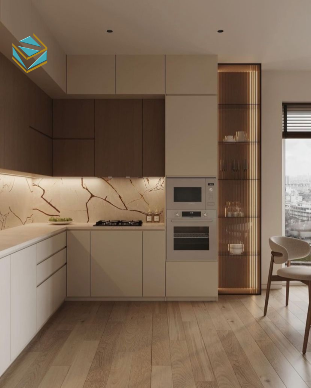 Thiết kế tủ bếp gỗ công nghiệp kết hợp mặt đá tạo nên tổng thể hiện đại, dễ vệ sinh và tăng tính thẩm mỹ.