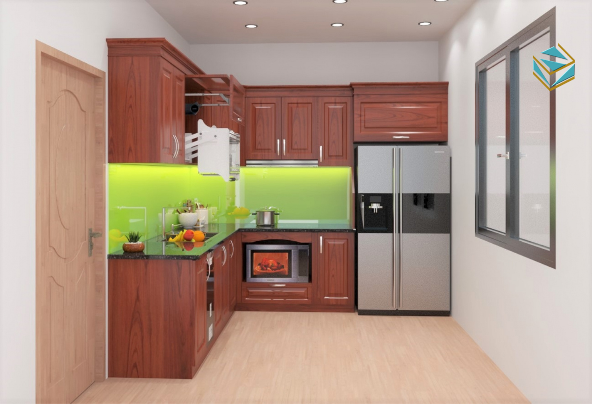 Mẫu tủ bếp gỗ xoan đào kết hợp hệ thống đèn vàng, tạo nên bầu không khí ấm áp và thư giãn cho căn bếp.