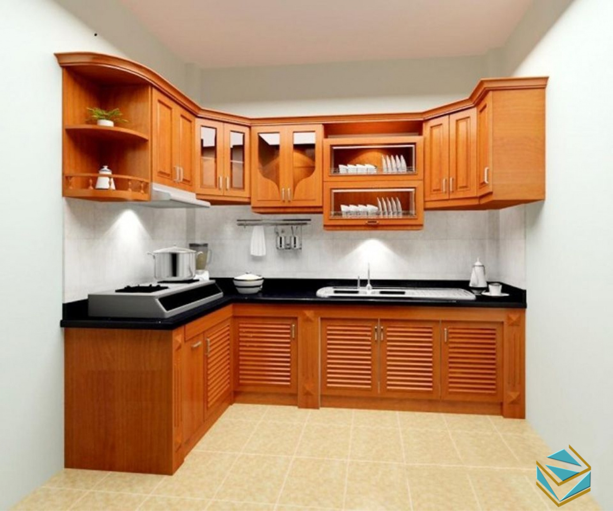 Mẫu tủ bếp gỗ xoan đào thiết kế tinh tế, màu nâu ấm tự nhiên, giúp không gian bếp sang trọng và gần gũi.