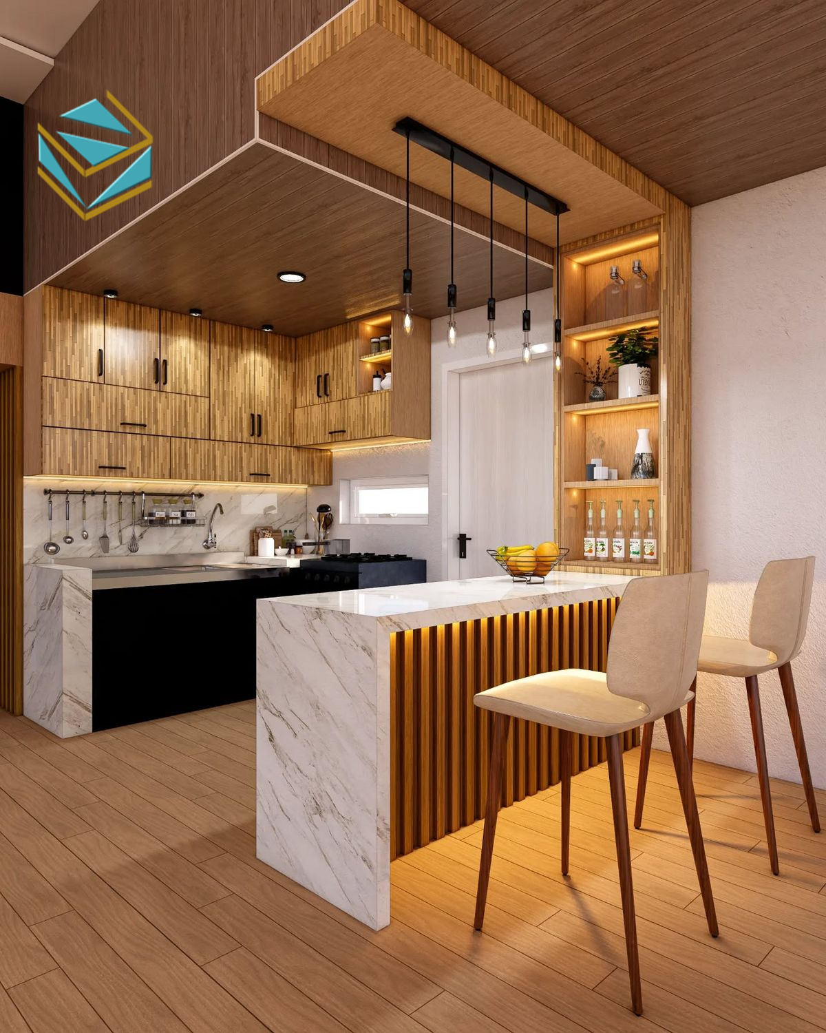 Thiết kế tủ bếp kết hợp quầy bar tối ưu không gian, giúp căn hộ vừa sang trọng vừa gọn gàng.