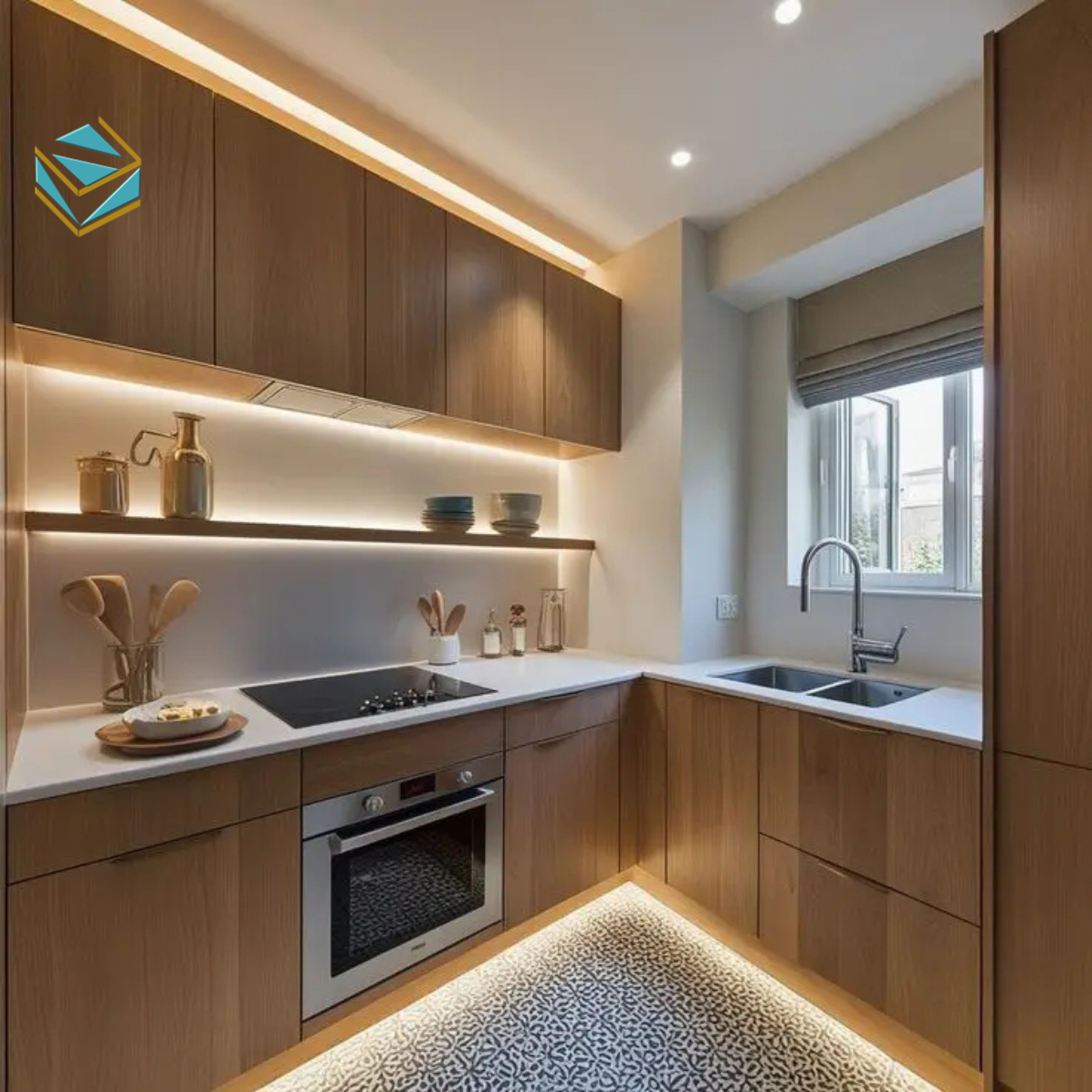 Tủ bếp Laminate chữ L được thi công chuẩn kích thước, giúp tối ưu diện tích sử dụng.