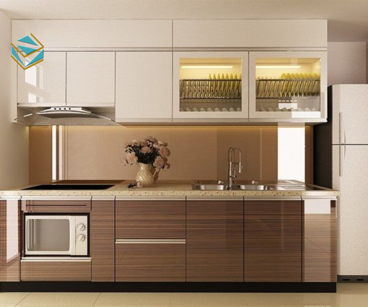 Mẫu tủ bếp Laminate thiết kế chữ I nhỏ gọn, gam màu sáng giúp mở rộng không gian và dễ phối nội thất.