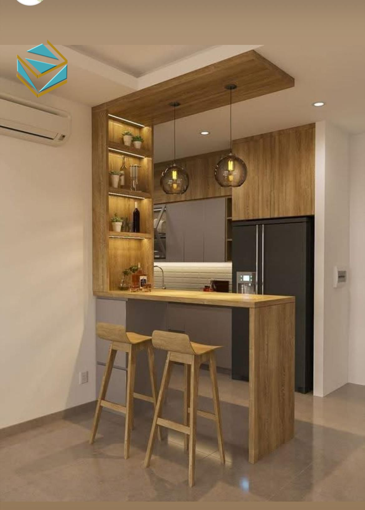 Tủ bếp liền quầy bar bằng gỗ công nghiệp cao cấp, tạo cảm giác ấm cúng và tinh tế cho không gian.