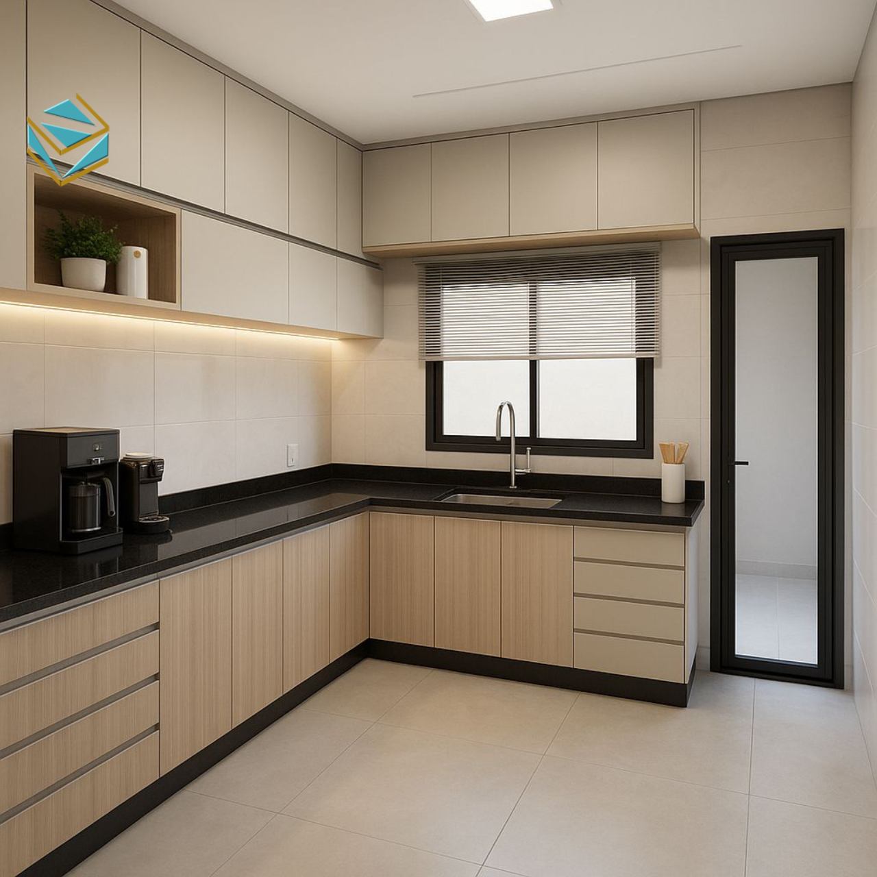 Thiết kế tủ bếp Melamine với gam màu trung tính, bề mặt mịn và dễ vệ sinh, mang lại cảm giác hiện đại và thanh lịch.