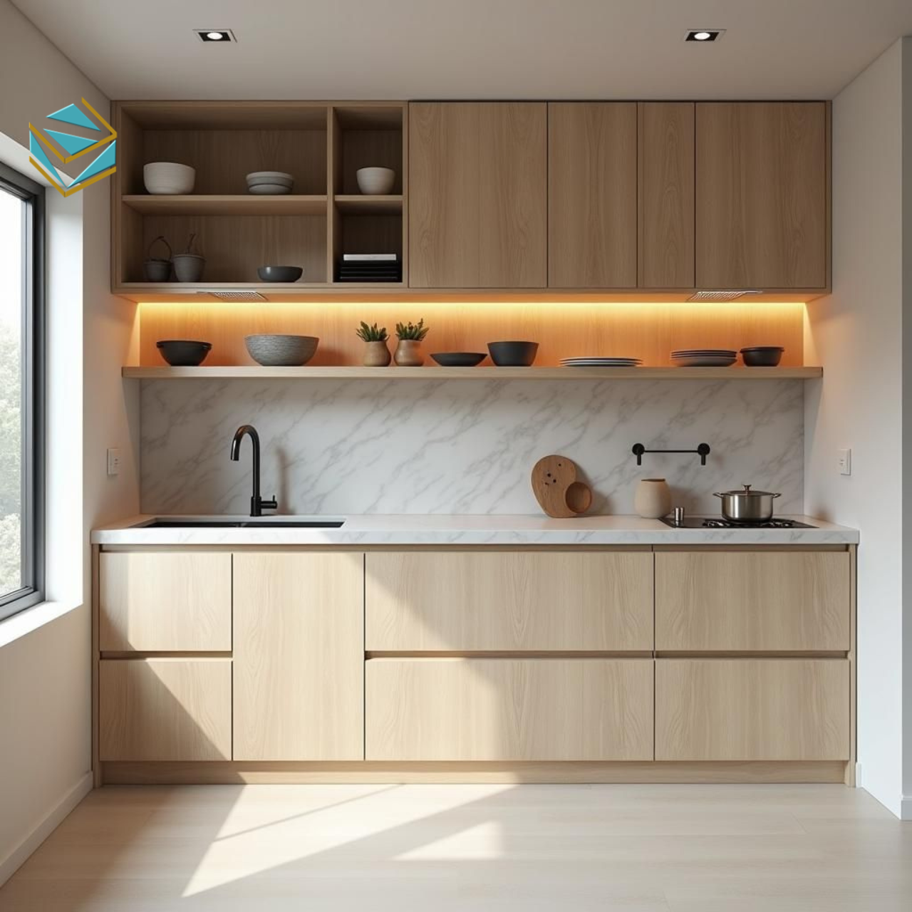 Mẫu tủ bếp Melamine với lớp phủ vân gỗ tự nhiên mang đến cảm giác gần gũi và tinh tế, phù hợp nhiều phong cách thiết kế nội thất.