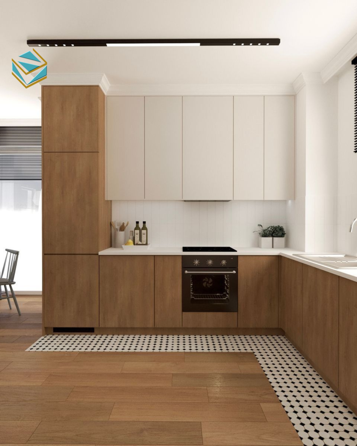 Thiết kế tủ bếp liền phòng khách giúp gia tăng tính kết nối, phù hợp với lối sống năng động của các gia đình trẻ.