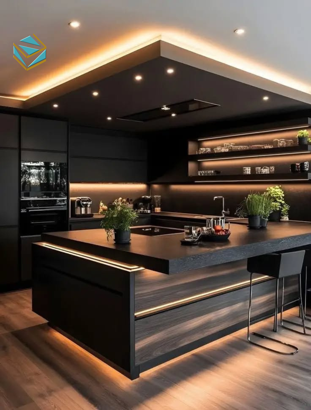 Thiết kế hướng đến sự mộc mạc nhưng hiện đại, sử dụng ánh sáng vàng nhẹ và kim loại đen để tạo điểm nhấn nổi bật.