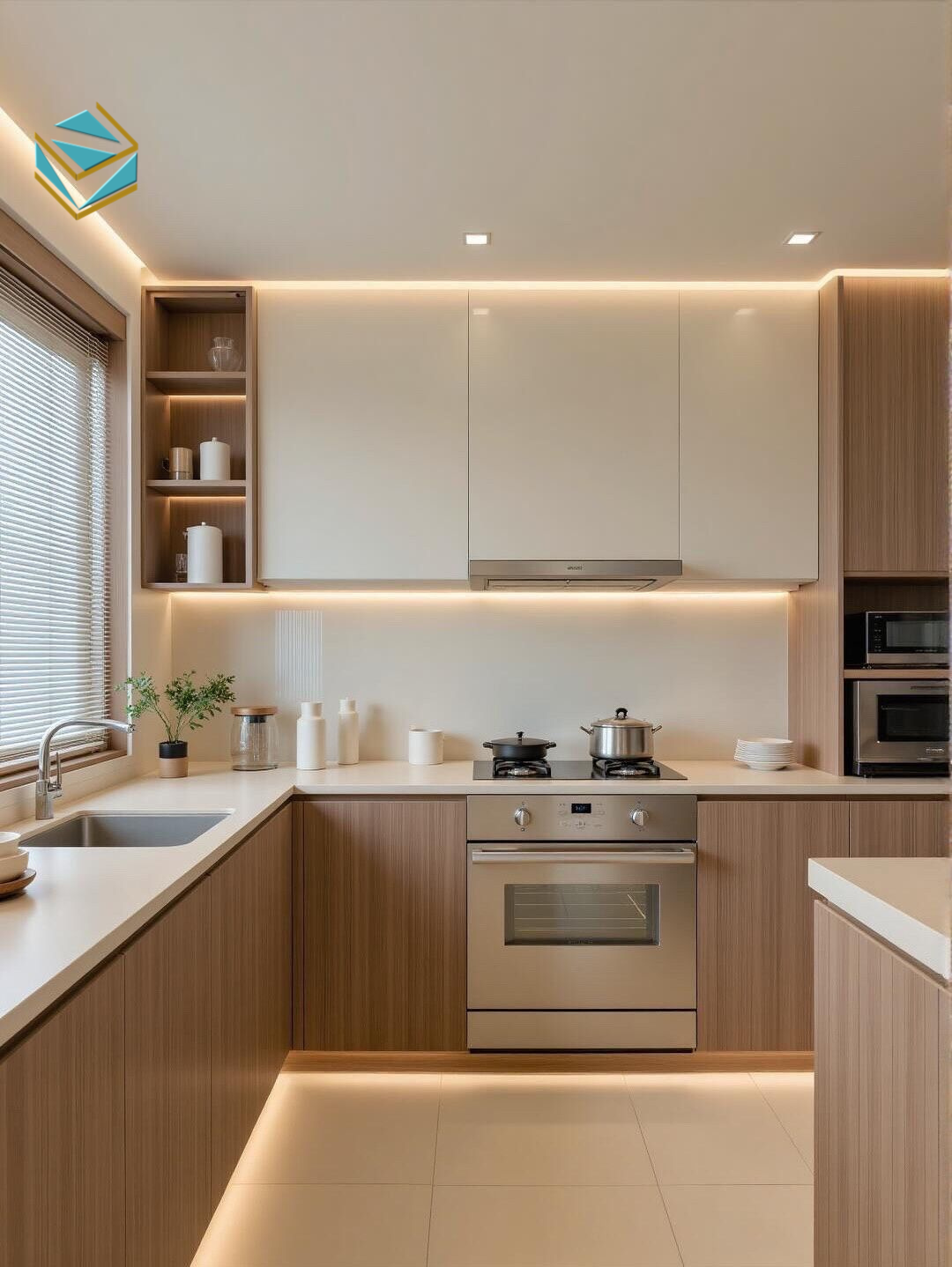 Thiết kế nội thất bếp tinh giản, dễ phối màu và giữ không gian luôn sáng sủa, sạch sẽ.